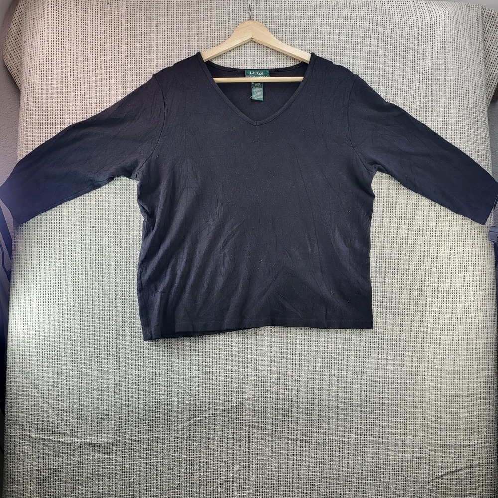 Lauren Ralph Lauren Shirt Womens 2X Black V Neck 3/4 Sleeve Basic Stretch Top